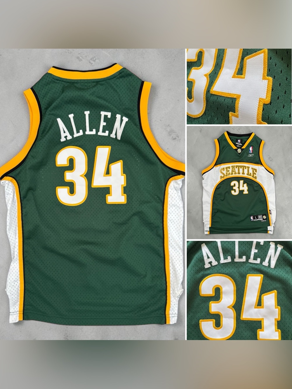 Vtg Reebok Seattle Supersonics Ray Allen 34 NBA Stitched Jersey Youth L 14 16